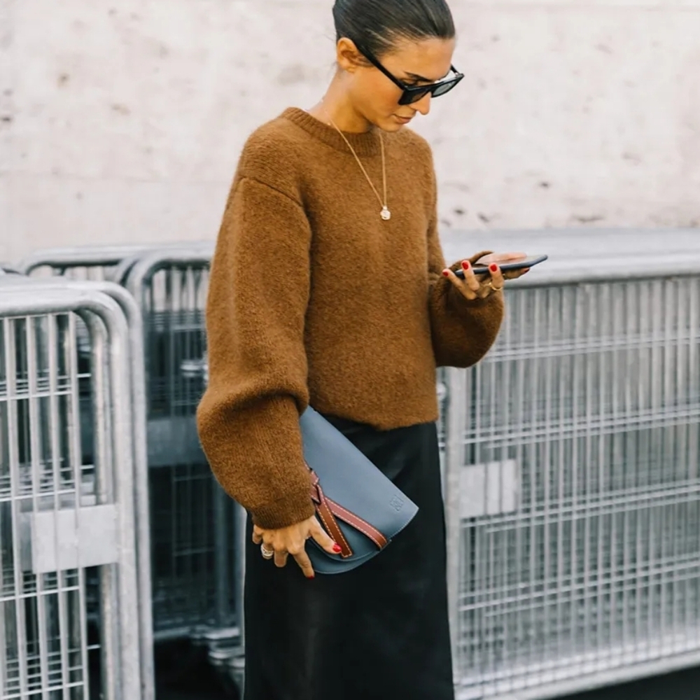 & Other Stories Cropped Crewneck Sweater in Caramel Brown - Picture 2 of 8